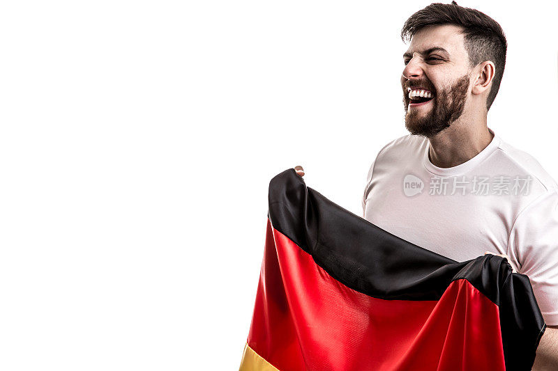 德国男运动员/粉丝在白色背景下庆祝